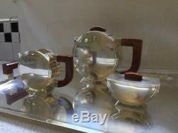 Vintage Christofle Art Deco Coffee Set With Tray Silver Plate And Wood Handles