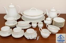 Vintage Cmielów Poland White Porcelain Tea & Dinner Set GoldTrim 80 Pieces