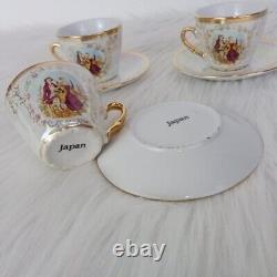 Vintage Coffee Cups Set 3pcs Saucers Porcelain Made Romeo & Juliet Printed Decor