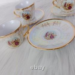 Vintage Coffee Cups Set 3pcs Saucers Porcelain Made Romeo & Juliet Printed Decor