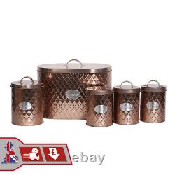 Vintage Copper 5pcs Kitchen Storage Set Bread Bin Tea Sugar Coffee Biscuit Tins