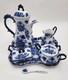 Vintage Cracker Barrel Blue & White Porcelain 9 Piece Tea/coffee Set Flow Blue