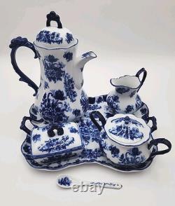 Vintage Cracker Barrel Blue & White Porcelain 9 Piece Tea/Coffee Set Flow Blue