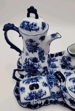 Vintage Cracker Barrel Blue & White Porcelain 9 Piece Tea/Coffee Set Flow Blue