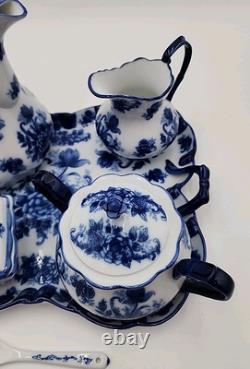 Vintage Cracker Barrel Blue & White Porcelain 9 Piece Tea/Coffee Set Flow Blue