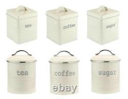 Vintage Cream Enamel Tea Coffee Sugar Kitchen Storage Canisters Jars Pots Set