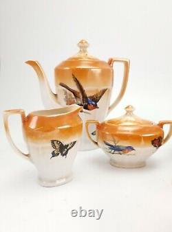 Vintage Czech Republic Victoria Porcelain Tea Coffee Set Butterflies & Birds