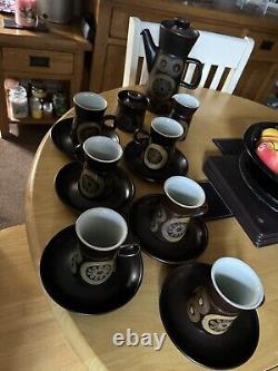 Vintage Denby 1970' Arabesque Stoneware Coffee Set of 6 cups, saucers, coffee pot