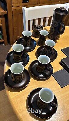 Vintage Denby 1970' Arabesque Stoneware Coffee Set of 6 cups, saucers, coffee pot