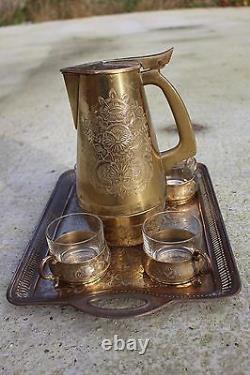 Vintage Engraved Brass Tea Coffee Set with Tray 4 Cups and Thermos Bottle #549
