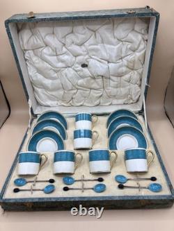 Vintage F. D & Co Turquoise Coffee / Tea Set in Shagreen Box Silver Spoons 1900s