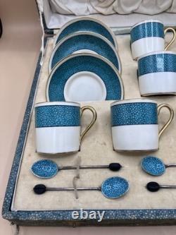 Vintage F. D & Co Turquoise Coffee / Tea Set in Shagreen Box Silver Spoons 1900s