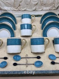 Vintage F. D & Co Turquoise Coffee / Tea Set in Shagreen Box Silver Spoons 1900s