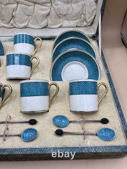 Vintage F. D & Co Turquoise Coffee / Tea Set in Shagreen Box Silver Spoons 1900s