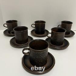 Vintage Finland Arabia Ruska Cups & Saucers Set of 6 Chocolate Brown Stoneware