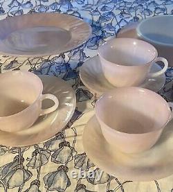 Vintage Fire King Pink Swirl Coffee / Tea Cup & Saucer Set of 4 & Two Plates
