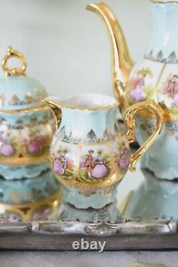 Vintage Foreign Alt Wien, Fragonards Love Story blue Gold Espresso Coffee Set
