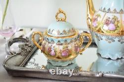 Vintage Foreign Alt Wien, Fragonards Love Story blue Gold Espresso Coffee Set