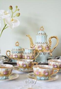 Vintage Foreign Alt Wien, Fragonards Love Story blue Gold Espresso Coffee Set