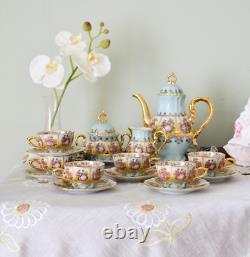 Vintage Foreign Alt Wien, Fragonards Love Story blue Gold Espresso Coffee Set