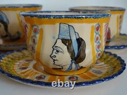 Vintage Four Cups Coffe And Saucer Ceramic France Henriot Quimper