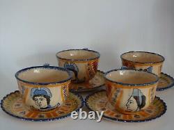 Vintage Four Cups Coffe And Saucer Ceramic France Henriot Quimper