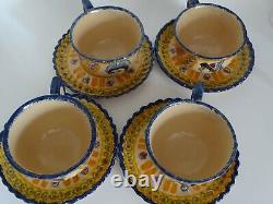 Vintage Four Cups Coffe And Saucer Ceramic France Henriot Quimper
