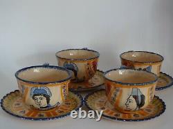 Vintage Four Cups Coffe And Saucer French Faience Henriot Quimper