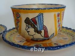 Vintage Four Cups Coffe And Saucer French Faience Henriot Quimper