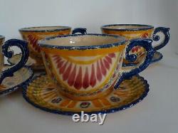 Vintage Four Cups Coffe And Saucer French Faience Henriot Quimper