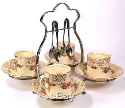 Vintage Four Place Coffee set Plated Stand Spoons Cups and Saucers Circa 1940