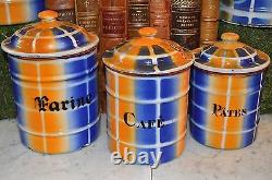 Vintage French Enamelware Blue Gold Plaid Canisters Set 6 Enamel Plus Coffee Pot