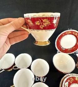 Vintage Gladstone Red Burgundy & Gold Tea Coffee Cup Set For 7 Creamer Sugar