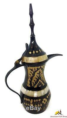 Vintage Handmade Palestinian Engraved Brass Mother of Pearl Coffee Set Bethlehem