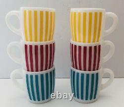 Vintage Hazel Atlas Candy Stripe Milk Glass Coffee Mugs Set Of 6 Yellow Red Blue