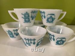 Vintage Hazel Atlas KITCHEN AIDS Coffee Tea Mugs Aqua on White SET of 7