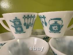 Vintage Hazel Atlas KITCHEN AIDS Coffee Tea Mugs Aqua on White SET of 7