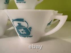 Vintage Hazel Atlas KITCHEN AIDS Coffee Tea Mugs Aqua on White SET of 7