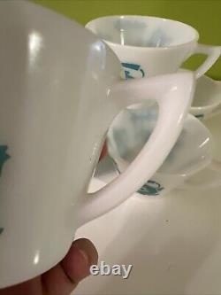 Vintage Hazel Atlas KITCHEN AIDS Coffee Tea Mugs Aqua on White SET of 7