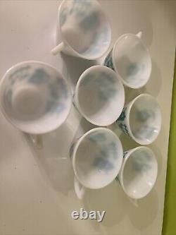 Vintage Hazel Atlas KITCHEN AIDS Coffee Tea Mugs Aqua on White SET of 7