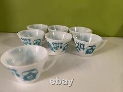 Vintage Hazel Atlas KITCHEN AIDS Coffee Tea Mugs Aqua on White SET of 7