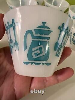 Vintage Hazel Atlas KITCHEN AIDS Coffee Tea Mugs Aqua on White SET of 7