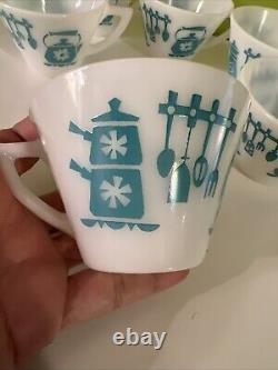 Vintage Hazel Atlas KITCHEN AIDS Coffee Tea Mugs Aqua on White SET of 7