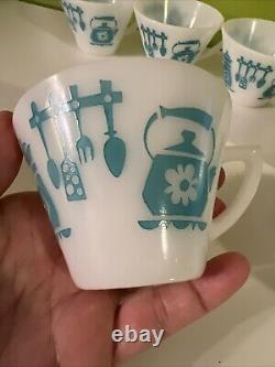 Vintage Hazel Atlas KITCHEN AIDS Coffee Tea Mugs Aqua on White SET of 7