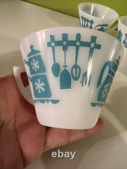 Vintage Hazel Atlas KITCHEN AIDS Coffee Tea Mugs Aqua on White SET of 7