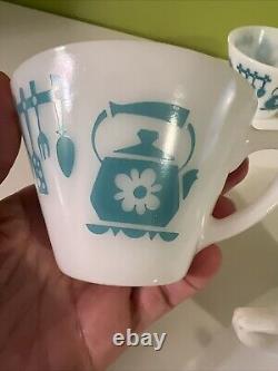 Vintage Hazel Atlas KITCHEN AIDS Coffee Tea Mugs Aqua on White SET of 7