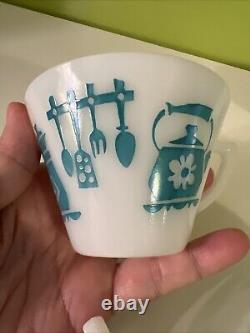 Vintage Hazel Atlas KITCHEN AIDS Coffee Tea Mugs Aqua on White SET of 7