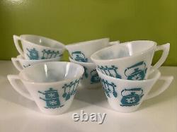 Vintage Hazel Atlas KITCHEN AIDS Coffee Tea Mugs Aqua on White SET of 7