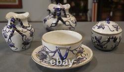 Vintage Italian Gilded Cobalt/White Porcelain Grapevine Coffee Service/Tray Set