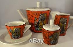 Vintage Italian San Marino Sgraffito Tea Coffee Set Red Lava Lady Design 1960's